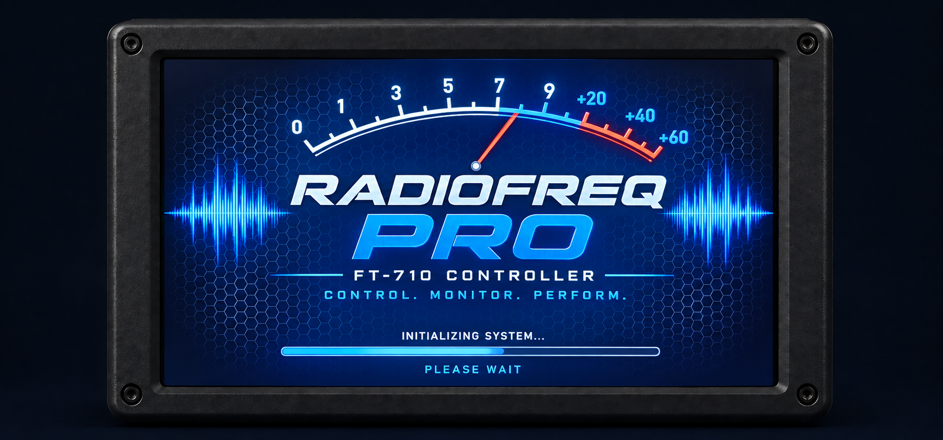 Case concept mockup of the RadioFreq Pro boot screen with its S-meter arc, blue waveform branding and startup progress bar.