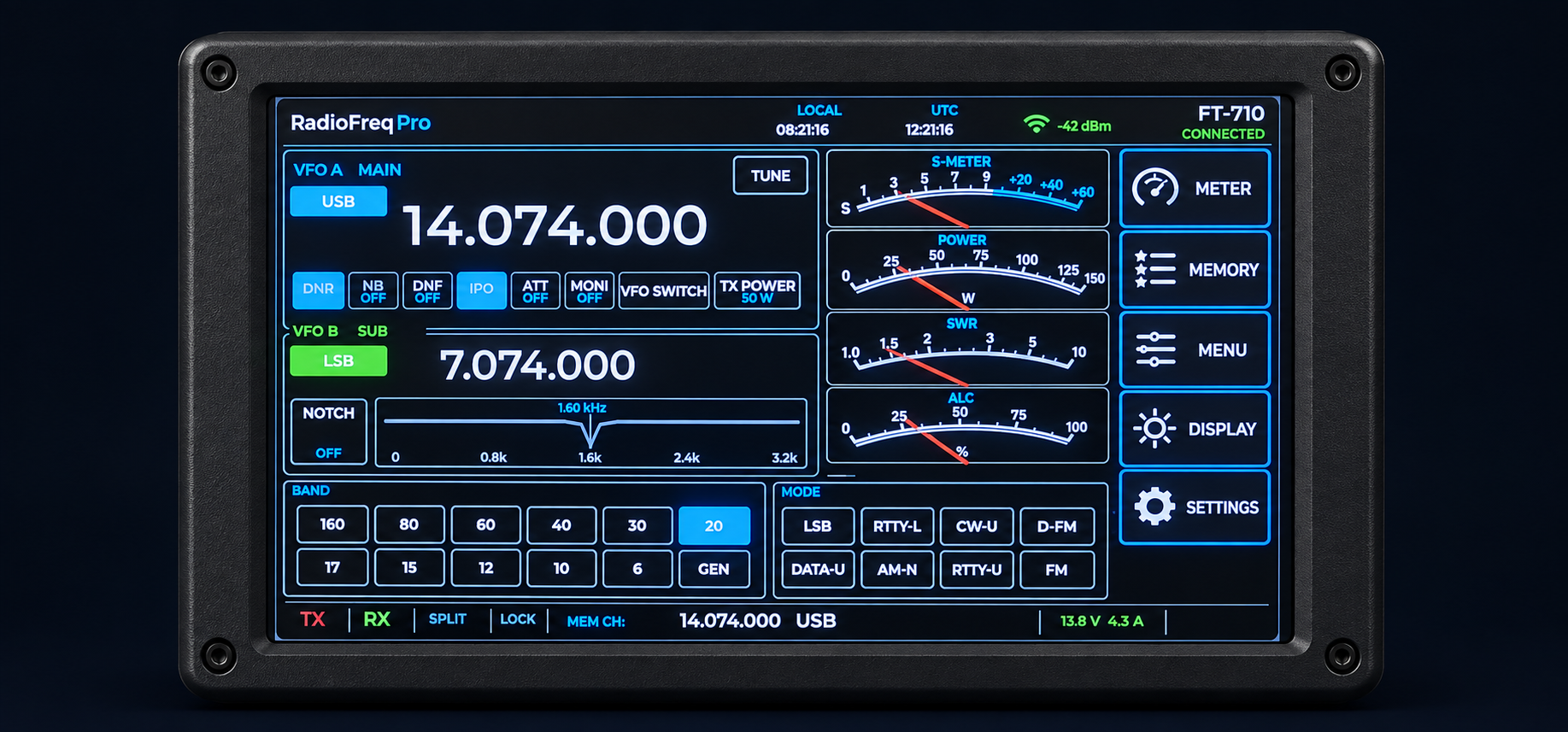 Case concept mockup of RadioFreq Pro connected to an FT-710, showing 14.074 MHz on VFO A, 7.074 MHz on VFO B, and radio meters.